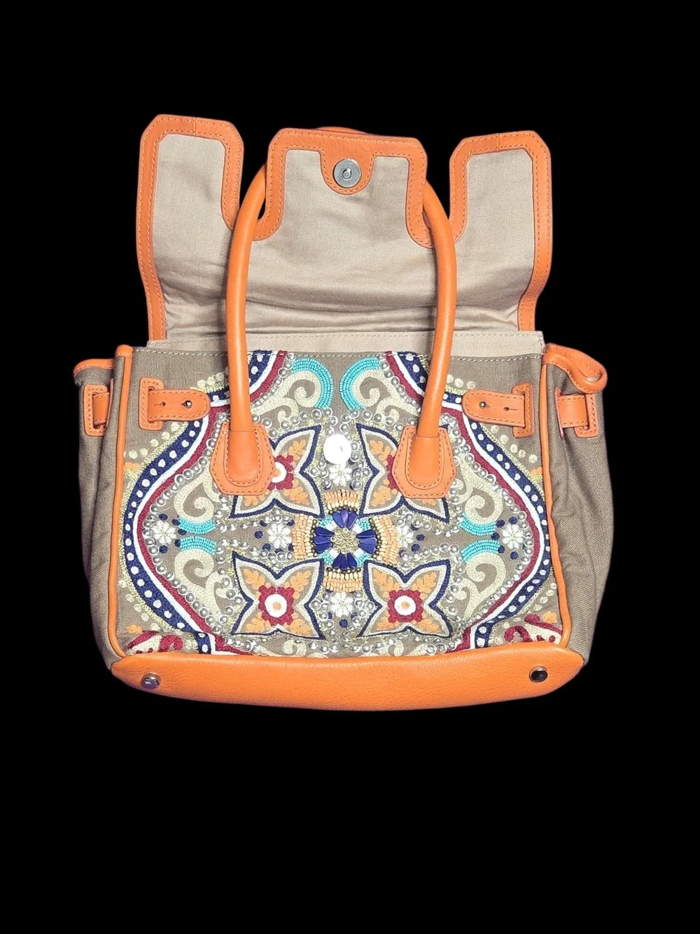 Sam Edelman Orange Leather-Trim Embroidered Satchel